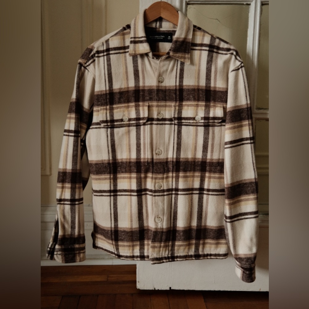 Abercrombie & Fitch Men's Plaid Shirt Jacket - Brown and Cream